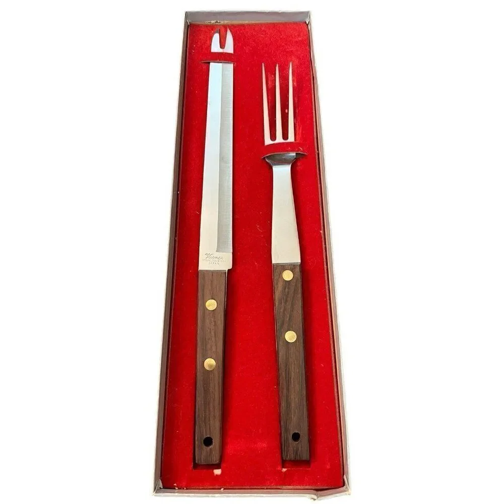 Vernco MCM Stainless Wood Handle Meat Carving Knife and Fork Set Boxed Vtg Japan